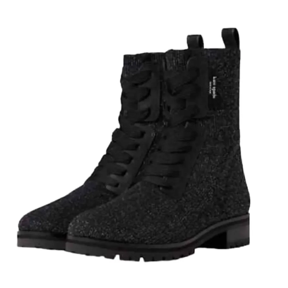 Kate Spade Merigue Knit Combat Boots Black Silver Sparkle Size 7.5